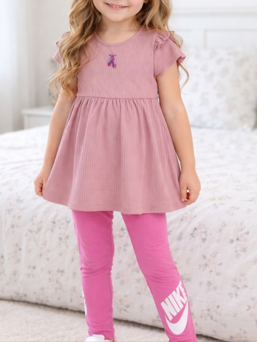 Girls Pink Ribbed Tunic Top with Embroidered Ballet Shoes
